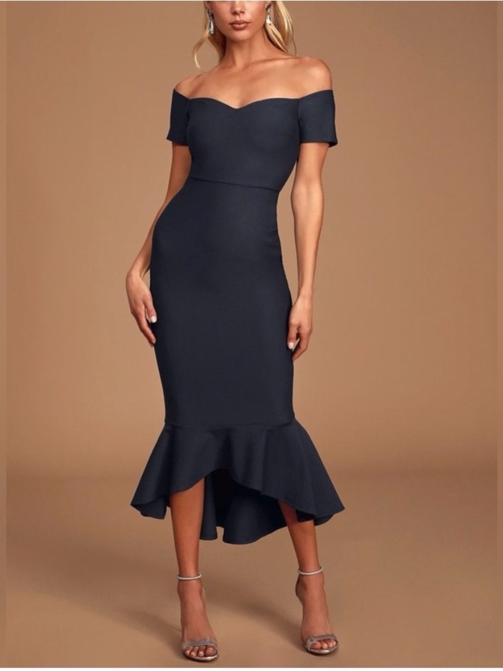 Lulu's Navy One-Shoulder Mermaid Hem Midi Dress